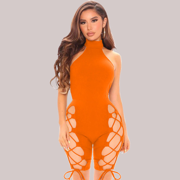 Fashion casual sexy solid color trousers slits with halter neck halter slim-fit jumpsuit SM9168