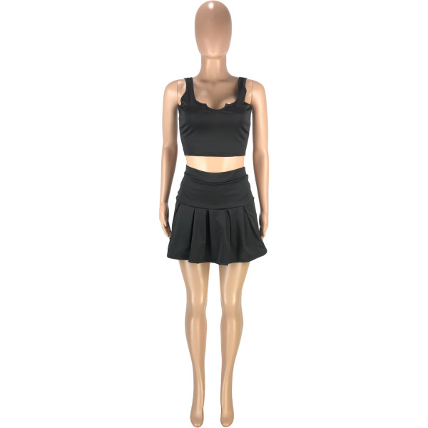 Fashion casual sexy solid color waistless U-neck slim-fitting vest and trousers skirt sports two-piece suit SM9173