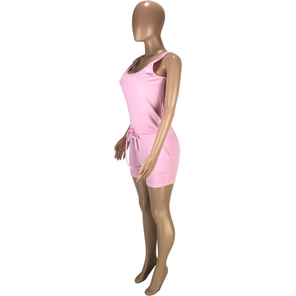 Casual solid color waist tie pocket loose vest jumpsuit shorts SM9171