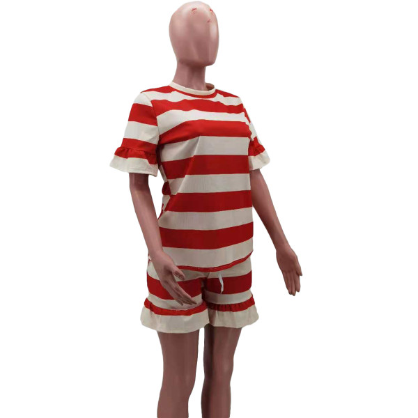 Striped printed loose wood ears casual short-sleeved T-shirt set HM6519