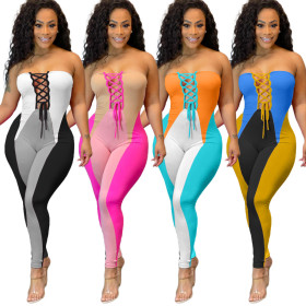Fashion casual positioning printing stitching tube top strap jumpsuit HM6505