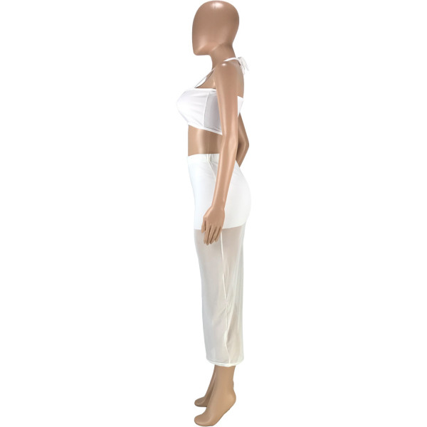 Fashion sexy solid color stitching mesh tube top strap wrap arm long skirt two-piece suit SM9175