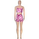 Fashion casual sexy solid color printed slim-fit shoulder strap vest shorts two-piece set SM9189