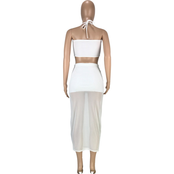 Fashion sexy solid color stitching mesh tube top strap wrap arm long skirt two-piece suit SM9175