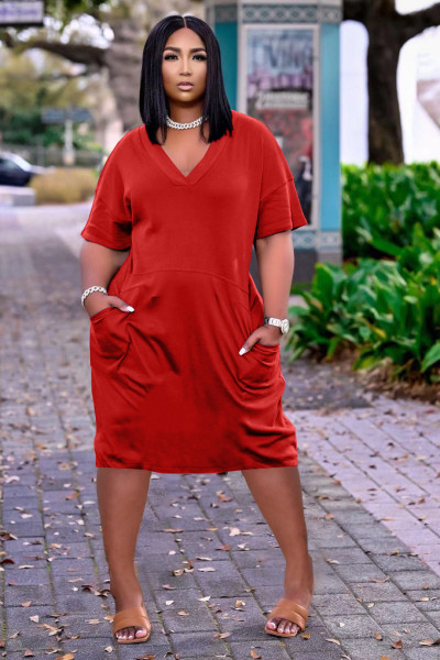 Sexy loose solid color V-neck casual dress TK6153