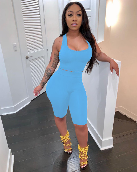 Women's fashion casual solid color tank top shorts slim sports two-piece suit SM9138