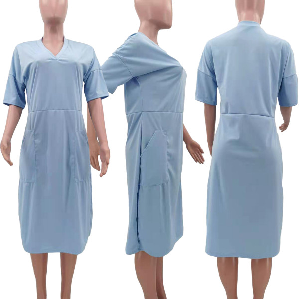 Sexy loose solid color V-neck casual dress TK6153