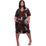 Sexy loose camouflage print V-neck casual dress TK6159
