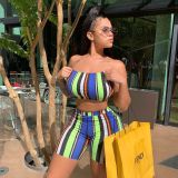 Fashion casual sexy striped print nightclub style slim tube top shorts two-piece set SM9167
