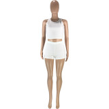 Fashion casual solid color pit strip round neck waist slim slim vest shorts sports two-piece suit SM9179
