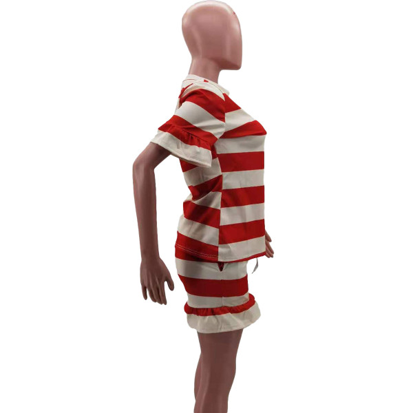 Striped printed loose wood ears casual short-sleeved T-shirt set HM6519