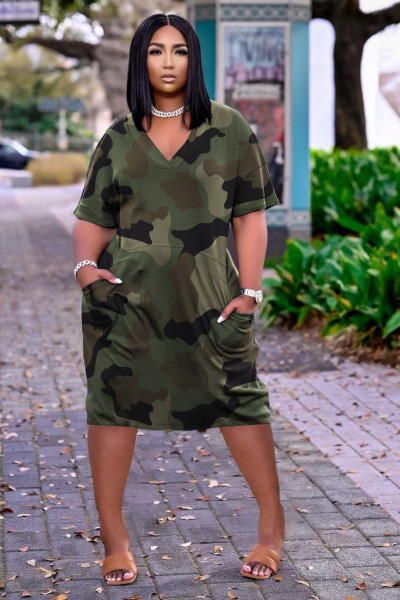Sexy loose camouflage print V-neck casual dress TK6159