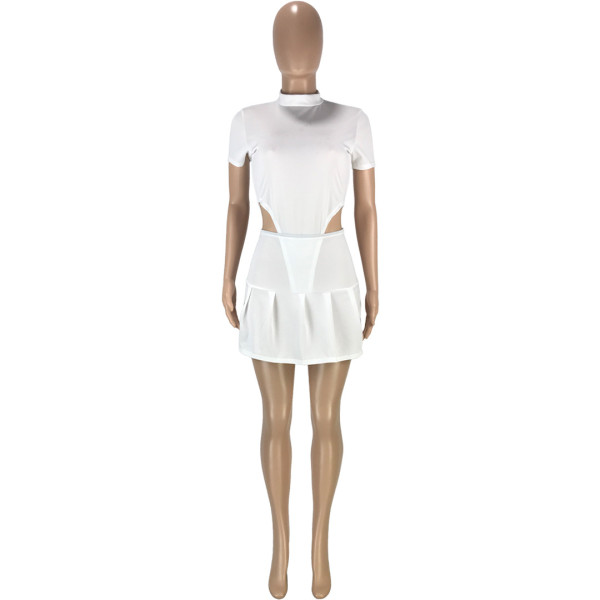Fashion casual sexy solid color invisible zipper slim fit one-piece pleated skirt two-piece suit SM9176