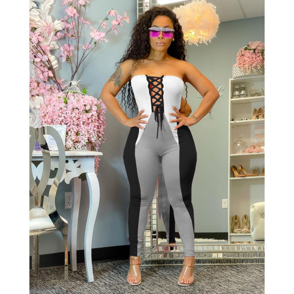 Fashion casual positioning printing stitching tube top strap jumpsuit HM6505