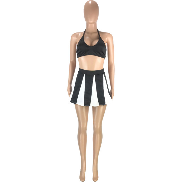 Fashion casual sexy solid color stitching halter waistless slim short two-piece group SM9182