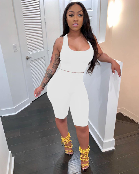 Women's fashion casual solid color tank top shorts slim sports two-piece suit SM9138