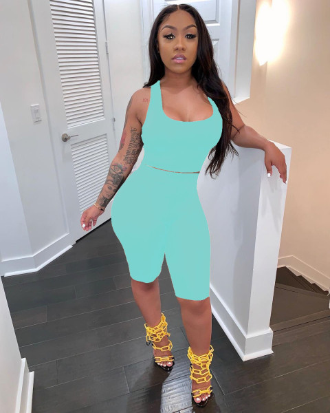 Women's fashion casual solid color tank top shorts slim sports two-piece suit SM9138