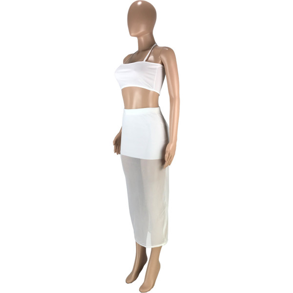 Fashion sexy solid color stitching mesh tube top strap wrap arm long skirt two-piece suit SM9175