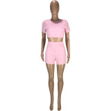 Fashion casual solid color round neck waistless slim short-sleeved T-shirt shorts sports two-piece suit SM9170