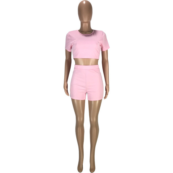 Fashion casual solid color round neck waistless slim short-sleeved T-shirt shorts sports two-piece suit SM9170