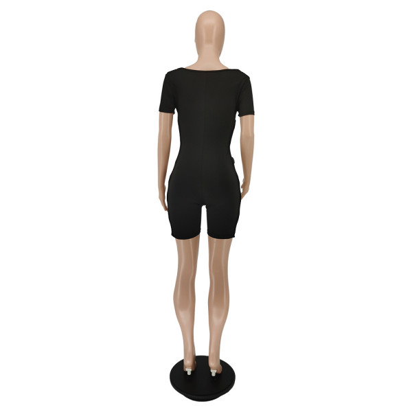 Summer fashion ring side hollow black short-sleeved jumpsuit BC3026