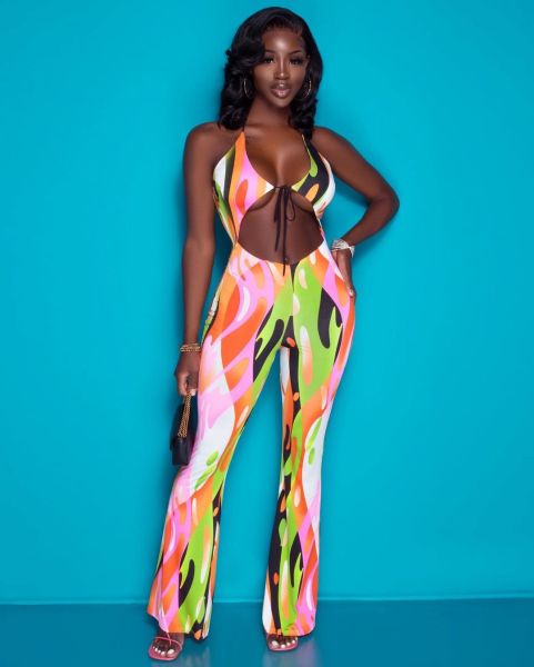 Positioning printed halter wide leg fashion sexy jumpsuit OM1170