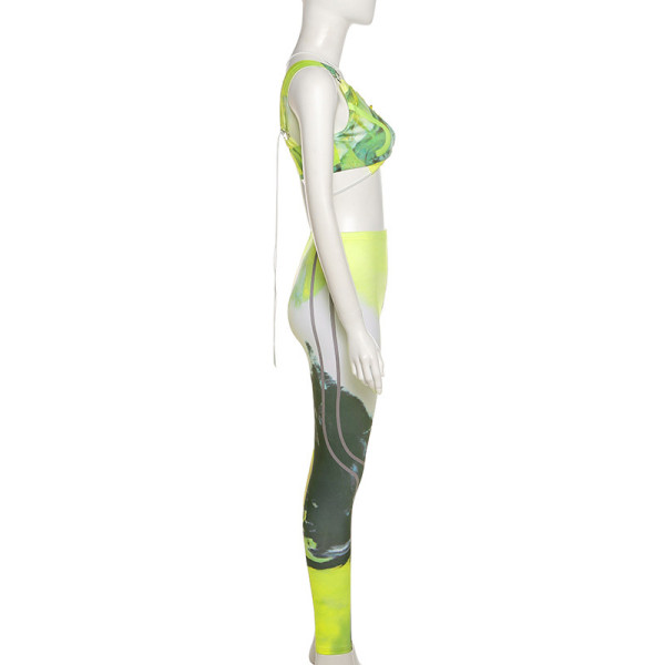 Sexy one-shoulder strappy vest printed contrast color tight-fitting casual sports suit  K21S02640