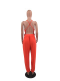 Fashion sexy loose back deep V solid color jumpsuit Y8077