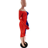 Fashion sexy drawstring pleated collar color dress OM1566