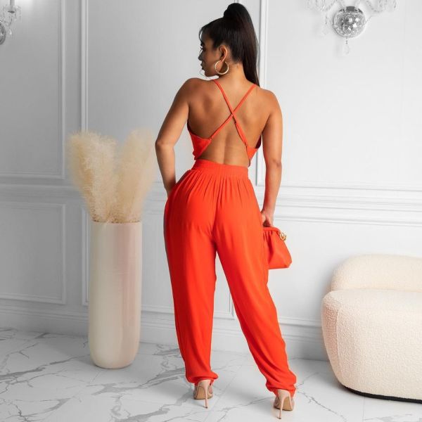 Fashion sexy loose back deep V solid color jumpsuit Y8077