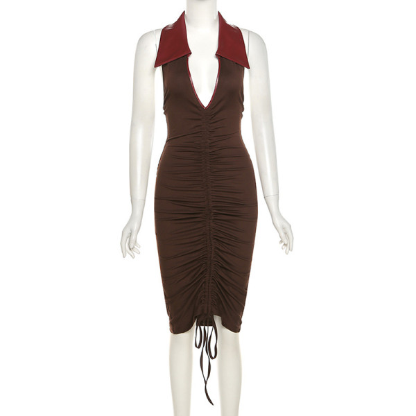 Fashion suit collar low-cut ruffled sexy bag hip dress  K21D03346