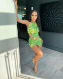 Sexy abstract print short skirt  tie-up vest 2-piece set FFD1119