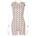 Fashion printed round neck sleeveless slim-fit buttocks jumpsuit P155138A