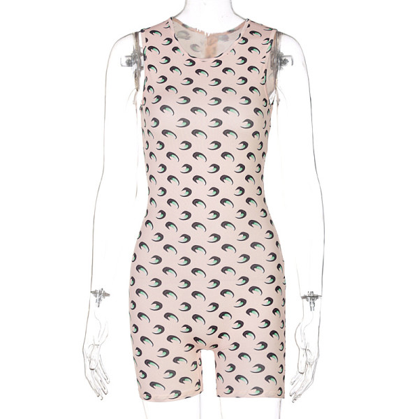 Fashion printed round neck sleeveless slim-fit buttocks jumpsuit P155138A