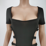 Summer fashion ring side hollow black short-sleeved jumpsuit BC3026