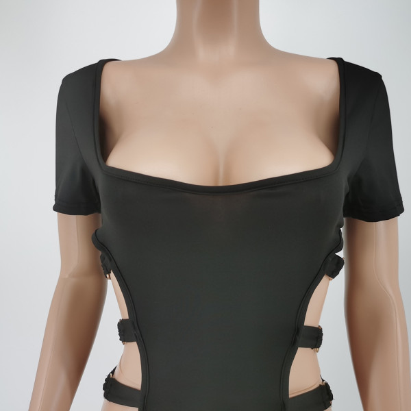 Summer fashion ring side hollow black short-sleeved jumpsuit BC3026