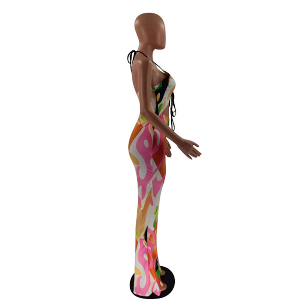 Positioning printed halter wide leg fashion sexy jumpsuit OM1170