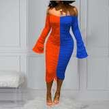 Fashion sexy drawstring pleated collar color dress OM1566