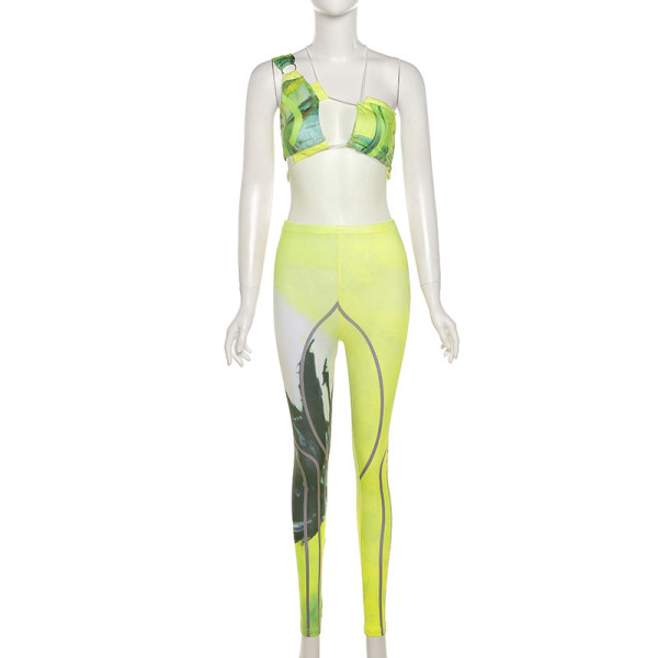 Sexy one-shoulder strappy vest printed contrast color tight-fitting casual sports suit  K21S02640