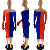 Fashion sexy drawstring pleated collar color dress OM1566