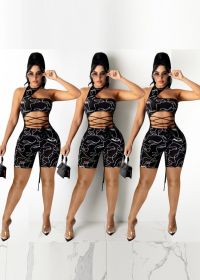 Hollow sleeveless printed strappy sexy skinny jumpsuit HY8055