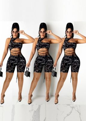 Hollow sleeveless printed strappy sexy skinny jumpsuit HY8055