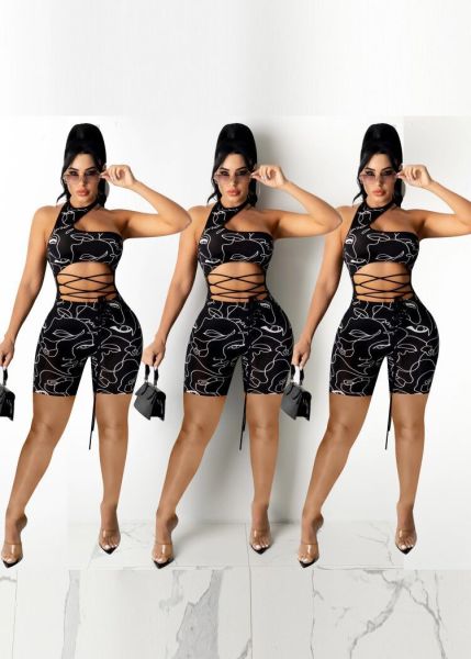 Hollow sleeveless printed strappy sexy skinny jumpsuit HY8055