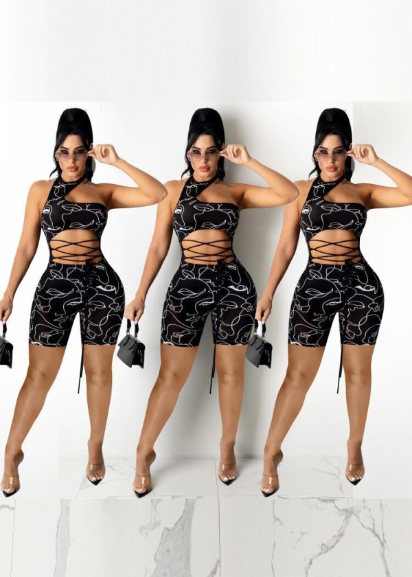 Hollow sleeveless printed strappy sexy skinny jumpsuit HY8055