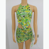 Sexy abstract print short skirt  tie-up vest 2-piece set FFD1119