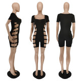 Summer fashion ring side hollow black short-sleeved jumpsuit BC3026