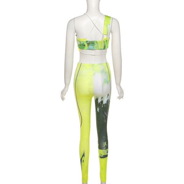 Sexy one-shoulder strappy vest printed contrast color tight-fitting casual sports suit  K21S02640