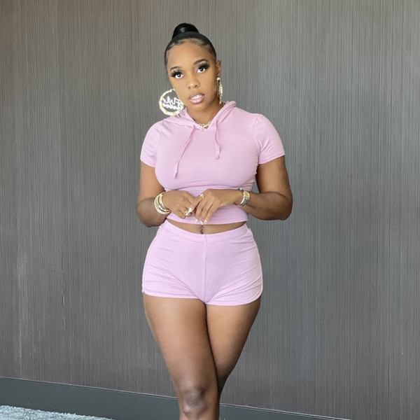 Hooded solid color short-sleeved high-waist shorts casual sports suit A21ST232