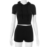 Hooded solid color short-sleeved high-waist shorts casual sports suit A21ST232