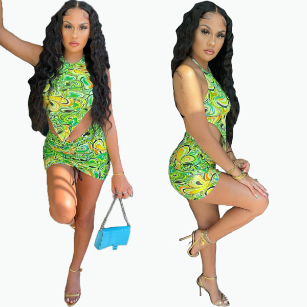 Sexy abstract print short skirt  tie-up vest 2-piece set FFD1119